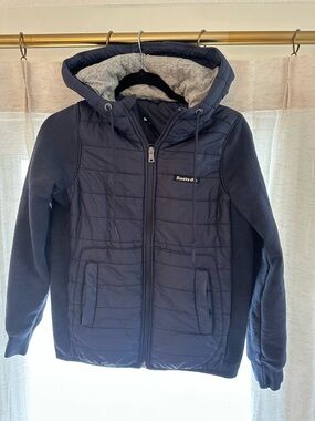 Roots Women’s Navy Quilted Hooded Jacket with Knit Sleeves